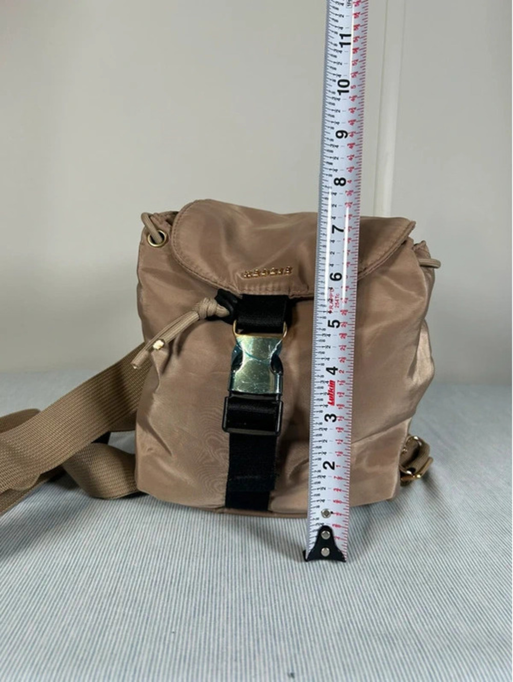 Kedzie Mini Backpack Tan Taupe Nylon Buckle Flap Drawstring Purse - Picture 3 of 7